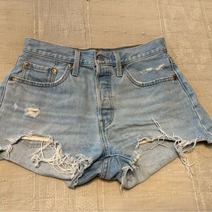 Trendy Light Blue Distressed Jean Shorts